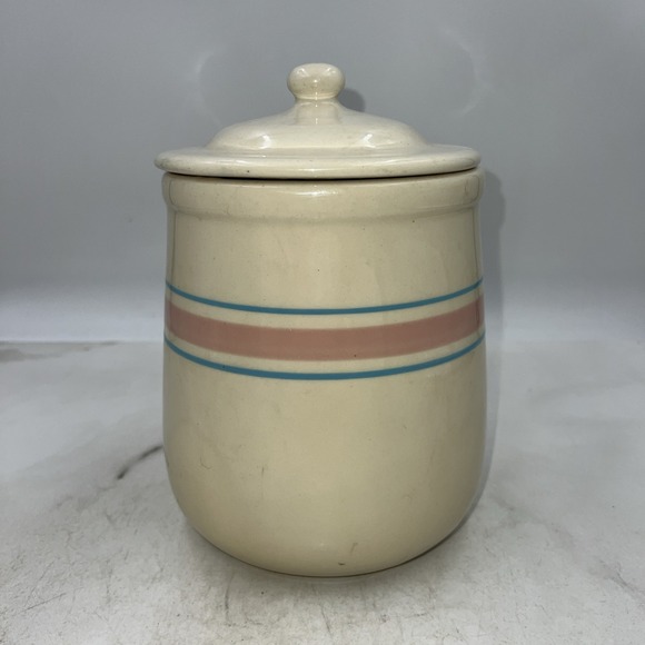 VTG McCoy Pottery Cannister w/ Lid Large Cookie Jar USA Blue and Pink Band 9" - Picture 3 of 13